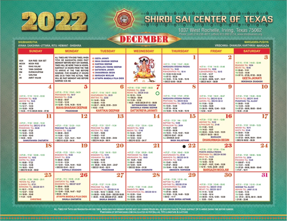 Calendar – Shirdi Sai Center of Texas