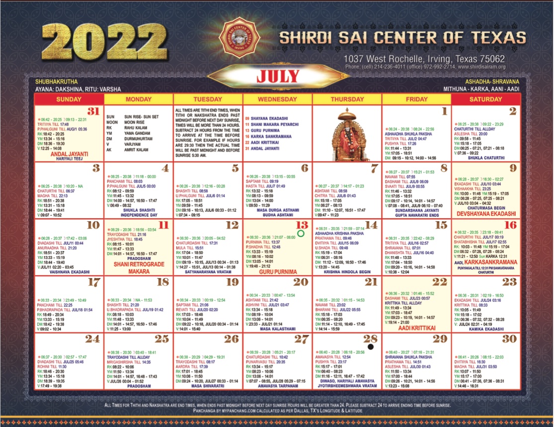 Calendar – Shirdi Sai Center of Texas