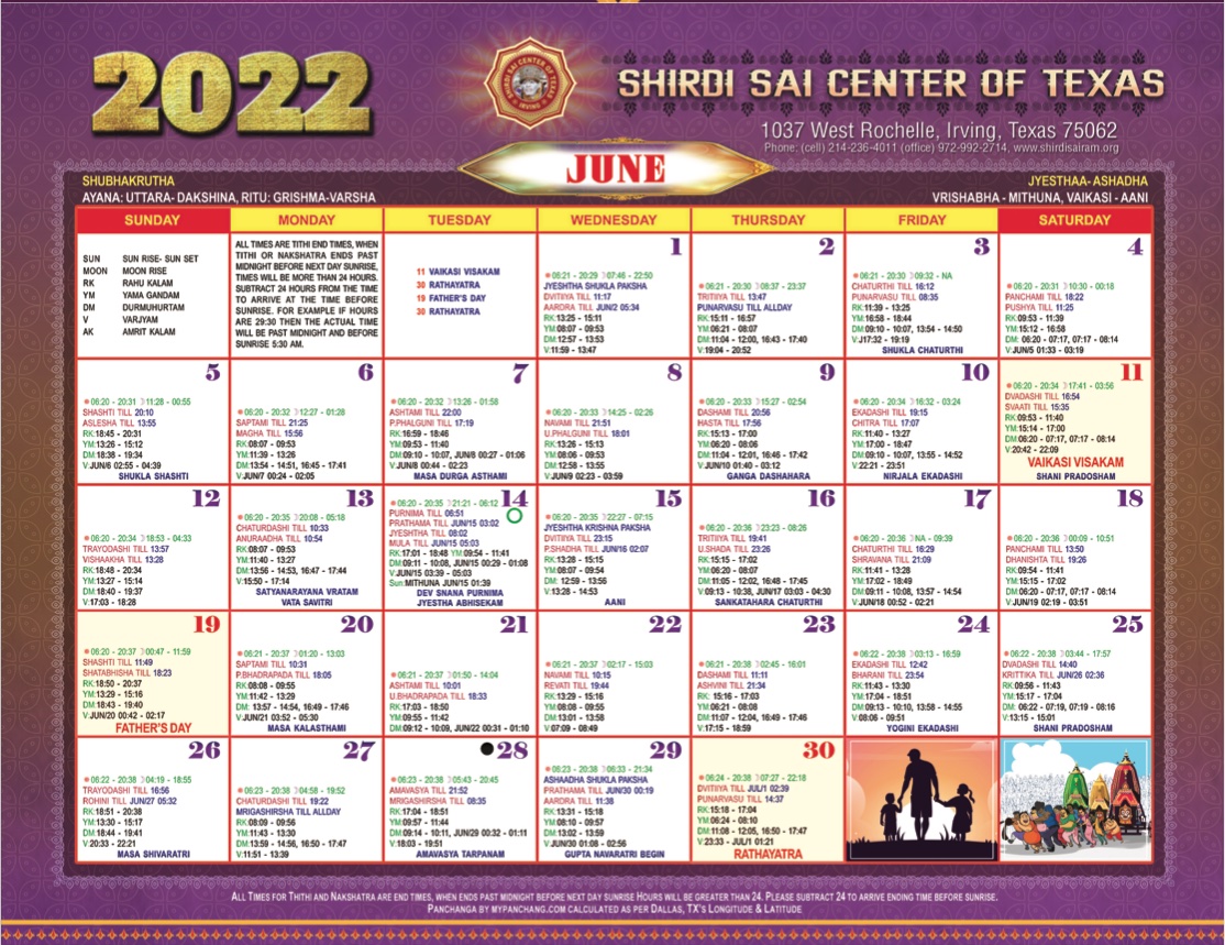 Calendar – Shirdi Sai Center of Texas