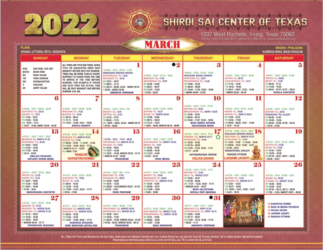 Calendar – Shirdi Sai Center of Texas