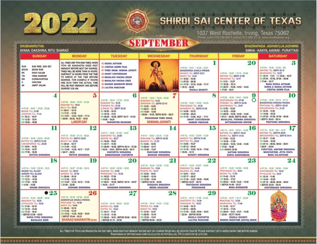 Calendar – Shirdi Sai Center of Texas