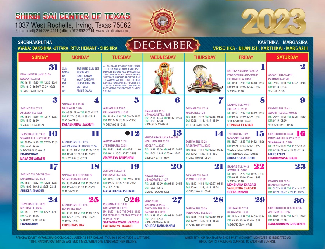 Calendar – Shirdi Sai Center of Texas