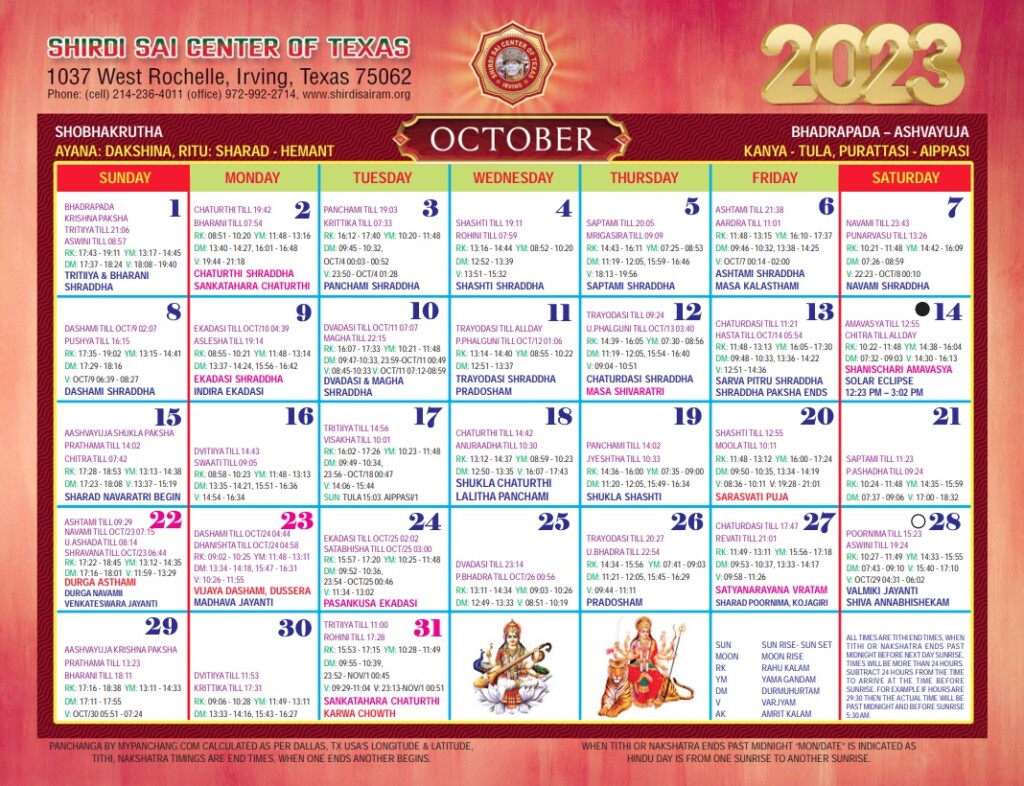 Calendar – Shirdi Sai Center of Texas