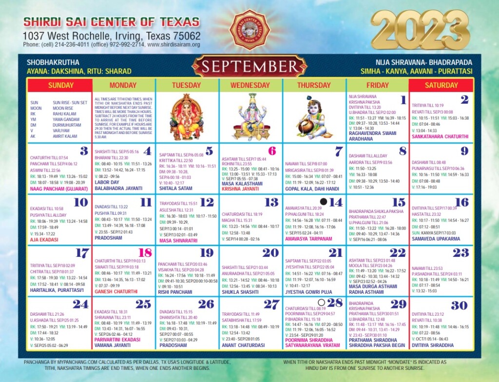 Calendar – Shirdi Sai Center of Texas